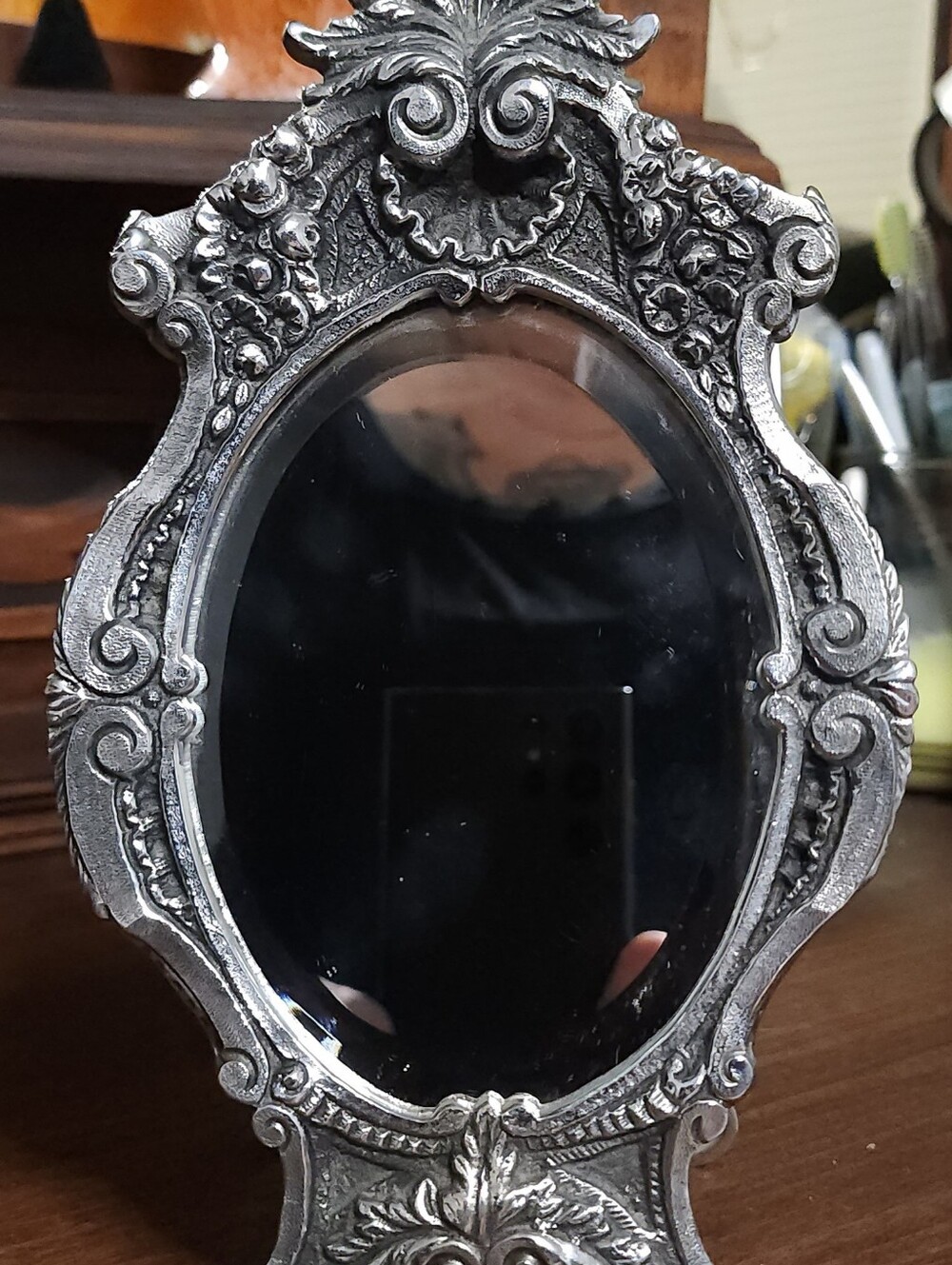 Vintage Rococo Silver Plated Tabletop Easel Mirror Oval Vanity Mirror